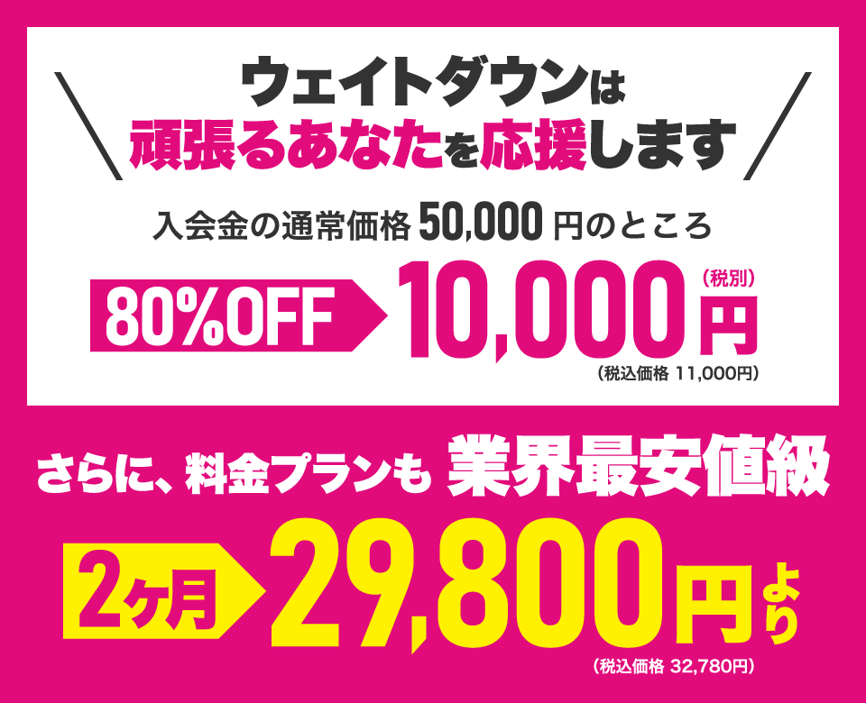 パーソナルトレーニングジム ウェイトダウン(神戸駅店・住吉駅店・甲子園口駅店・新長田駅店・新開地店・摂津本山駅店・立花駅店・垂水駅店)は、
頑張るあなたを応援します!キャンペーンにより入会金が大幅割引。
さらに料金プランも業界最安値級!